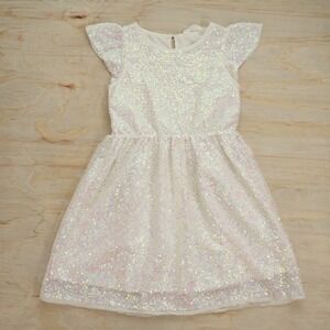 Kids Girls Small White Iridescent Sequin Flutter Sleeve Party Dress